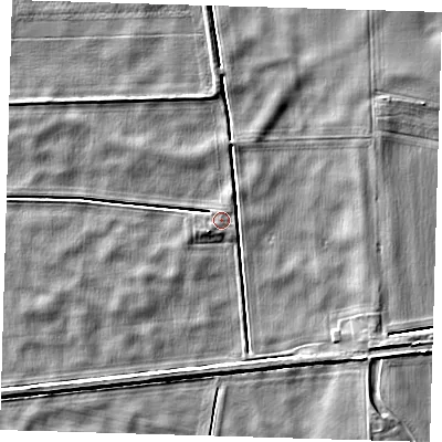 Shaded relief map of the ground around PE150AD, computed from Environment Agency LiDAR. The ground here sits at about 0 m above sea level and falls 5 m across the surrounding 800 m. Surface water reaching this point runs off ground lying to the north-north-west, 0.6 m higher.