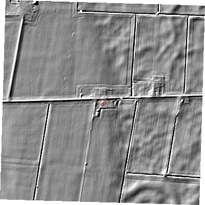 Shaded relief map of the ground around PE150AE, computed from Environment Agency LiDAR. The ground here sits at about 1 m above sea level and falls 5 m across the surrounding 800 m. Surface water reaching this point runs off ground lying to the south-south-west, 1.6 m higher.