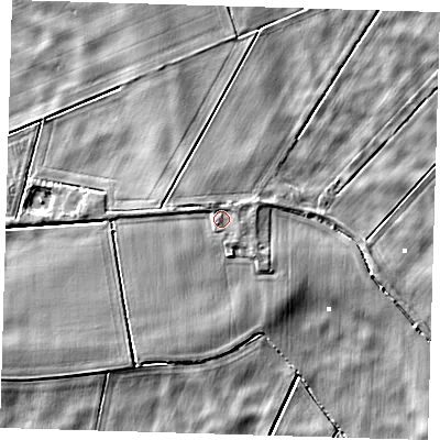 Shaded relief map of the ground around PE150AF, computed from Environment Agency LiDAR. The ground here sits at about 2 m above sea level and falls 5 m across the surrounding 800 m. Surface water reaching this point runs off ground lying to the north-north-west, 1.0 m higher.