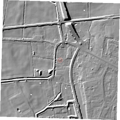Shaded relief map of the ground around PE150AG, computed from Environment Agency LiDAR. The ground here sits at about 0 m above sea level and falls 10 m across the surrounding 800 m. Surface water reaching this point runs off ground lying to the south-south-west, 3.1 m higher.