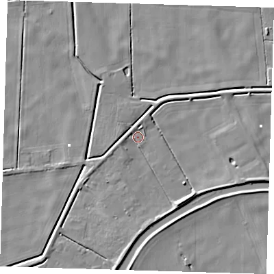 Shaded relief map of the ground around PE150AH, computed from Environment Agency LiDAR. The ground here sits at about -0 m above sea level and falls 5 m across the surrounding 800 m. Surface water reaching this point runs off ground lying to the south-east, 4.8 m higher.