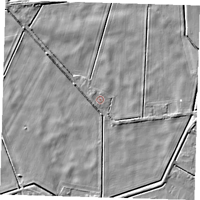 Shaded relief map of the ground around PE150AJ, computed from Environment Agency LiDAR. The ground here sits at about -0 m above sea level and falls 4 m across the surrounding 800 m. Surface water reaching this point runs off ground lying to the east-south-east, 2.6 m higher.
