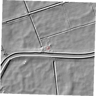 Shaded relief map of the ground around PE150AL, computed from Environment Agency LiDAR. The ground here sits at about 0 m above sea level and falls 5 m across the surrounding 800 m. Surface water reaching this point runs off ground lying to the south, 1.9 m higher.