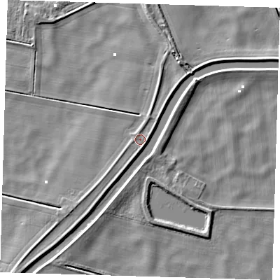 Shaded relief map of the ground around PE150AN, computed from Environment Agency LiDAR. The ground here sits at about 1 m above sea level and falls 5 m across the surrounding 800 m. Surface water reaching this point runs off ground lying to the south-west, 1.2 m higher.
