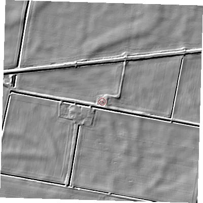 Shaded relief map of the ground around PE150AP, computed from Environment Agency LiDAR. The ground here sits at about 0 m above sea level and falls 4 m across the surrounding 800 m. Surface water reaching this point runs off ground lying to the south-east, 1.9 m higher.