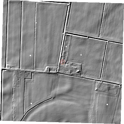 Shaded relief map of the ground around PE150AT, computed from Environment Agency LiDAR. The ground here sits at about -0 m above sea level and falls 5 m across the surrounding 800 m. Surface water reaching this point runs off ground lying to the north-north-west, 1.4 m higher.