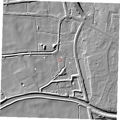 Shaded relief map of the ground around PE150AU, computed from Environment Agency LiDAR. The ground here sits at about 0 m above sea level and falls 9 m across the surrounding 800 m. Surface water reaching this point runs off ground lying to the north-north-east, 9.2 m higher.