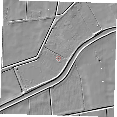 Shaded relief map of the ground around PE150AW, computed from Environment Agency LiDAR. The ground here sits at about -0 m above sea level and falls 5 m across the surrounding 800 m. Surface water reaching this point runs off ground lying to the east-north-east, 3.7 m higher.