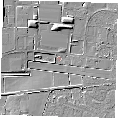 Shaded relief map of the ground around PE150AX, computed from Environment Agency LiDAR. The ground here sits at about 1 m above sea level and falls 9 m across the surrounding 800 m. Surface water reaching this point runs off ground lying to the north, 7.2 m higher.