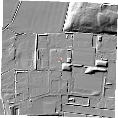 Shaded relief map of the ground around PE150AZ, computed from Environment Agency LiDAR. The ground here sits at about 4 m above sea level and falls 23 m across the surrounding 800 m. The ground contributing surface water to this point lies to the south.