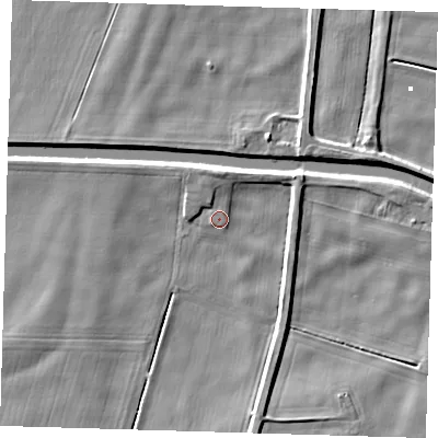 Shaded relief map of the ground around PE150BB, computed from Environment Agency LiDAR. The ground here sits at about 2 m above sea level and falls 5 m across the surrounding 800 m. Surface water reaching this point runs off ground lying to the north-north-west, 1.9 m higher.