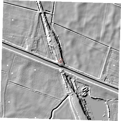 Shaded relief map of the ground around PE150BE, computed from Environment Agency LiDAR. The ground here sits at about 4 m above sea level and falls 9 m across the surrounding 800 m. Surface water reaching this point runs off ground lying to the west-south-west, 0.7 m higher.