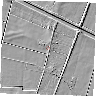 Shaded relief map of the ground around PE150BH, computed from Environment Agency LiDAR. The ground here sits at about 2 m above sea level and falls 6 m across the surrounding 800 m. Surface water reaching this point runs off ground lying to the east-north-east, 3.9 m higher.
