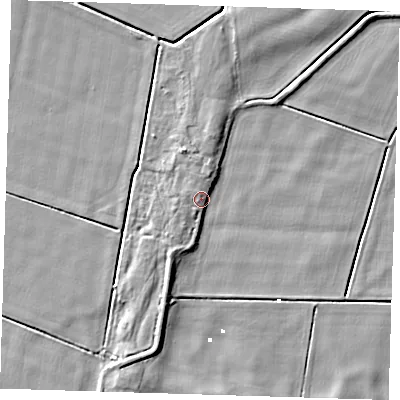 Shaded relief map of the ground around PE150BS, computed from Environment Agency LiDAR. The ground here sits at about 3 m above sea level and falls 5 m across the surrounding 800 m. Surface water reaching this point runs off ground lying to the south-south-west, 3.3 m higher.