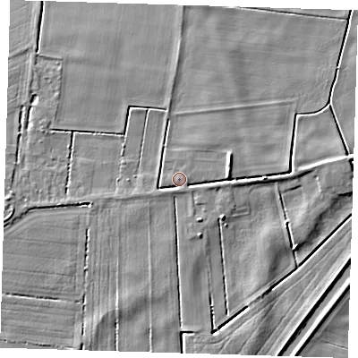 Shaded relief map of the ground around PE150BU, computed from Environment Agency LiDAR. The ground here sits at about 3 m above sea level and falls 6 m across the surrounding 800 m. Surface water reaching this point runs off ground lying to the east-north-east, 3.0 m higher.