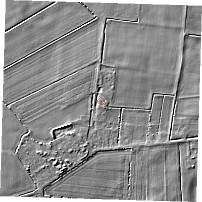 Shaded relief map of the ground around PE150BY, computed from Environment Agency LiDAR. The ground here sits at about 3 m above sea level and falls 5 m across the surrounding 800 m. Surface water reaching this point runs off ground lying to the north-north-east, 2.0 m higher.