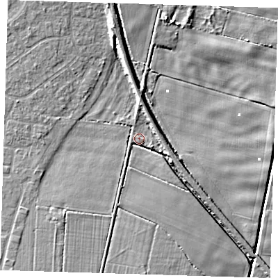 Shaded relief map of the ground around PE150DB, computed from Environment Agency LiDAR. The ground here sits at about 1 m above sea level and falls 7 m across the surrounding 800 m. Surface water reaching this point runs off ground lying to the north-north-west, 5.2 m higher.