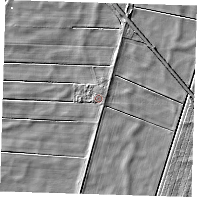 Shaded relief map of the ground around PE150DG, computed from Environment Agency LiDAR. The ground here sits at about -0 m above sea level and falls 4 m across the surrounding 800 m. Surface water reaching this point runs off ground lying to the south-east, 1.6 m higher.