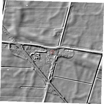 Shaded relief map of the ground around PE150DJ, computed from Environment Agency LiDAR. The ground here sits at about 1 m above sea level and falls 6 m across the surrounding 800 m. Surface water reaching this point runs off ground lying to the north-east, 2.4 m higher.