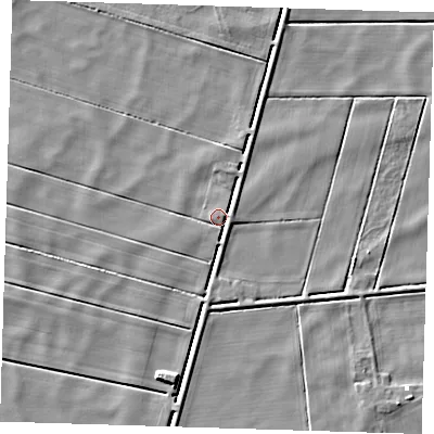 Shaded relief map of the ground around PE150DL, computed from Environment Agency LiDAR. The ground here sits at about -0 m above sea level and falls 5 m across the surrounding 800 m. Surface water reaching this point runs off ground lying to the east, 3.0 m higher.