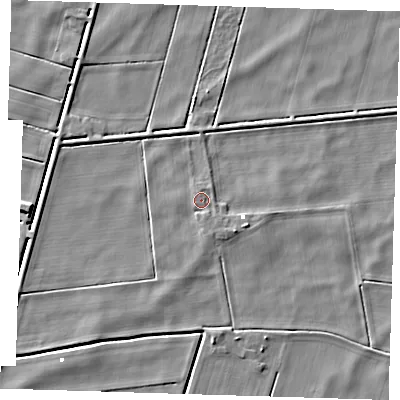 Shaded relief map of the ground around PE150DN, computed from Environment Agency LiDAR. The ground here sits at about 0 m above sea level and falls 5 m across the surrounding 800 m. Surface water reaching this point runs off ground lying to the south-south-east, 1.0 m higher.
