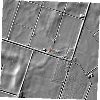 Shaded relief map of the ground around PE150DP, computed from Environment Agency LiDAR. The ground here sits at about 2 m above sea level and falls 7 m across the surrounding 800 m. Surface water reaching this point runs off ground lying to the south-south-east, 0.9 m higher.