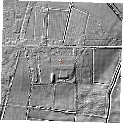 Shaded relief map of the ground around PE150DR, computed from Environment Agency LiDAR. The ground here sits at about 4 m above sea level and falls 8 m across the surrounding 800 m. The ground contributing surface water to this point lies to the west.