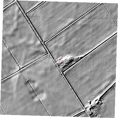 Shaded relief map of the ground around PE150DS, computed from Environment Agency LiDAR. The ground here sits at about 0 m above sea level and falls 6 m across the surrounding 800 m. Surface water reaching this point runs off ground lying to the south-south-west, 1.7 m higher.
