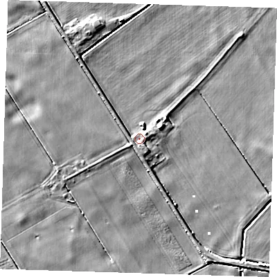 Shaded relief map of the ground around PE150DT, computed from Environment Agency LiDAR. The ground here sits at about 1 m above sea level and falls 6 m across the surrounding 800 m. Surface water reaching this point runs off ground lying to the south, 1.8 m higher.