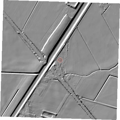 Shaded relief map of the ground around PE150DU, computed from Environment Agency LiDAR. The ground here sits at about 2 m above sea level and falls 7 m across the surrounding 800 m. Surface water reaching this point runs off ground lying to the south-west, 3.2 m higher.