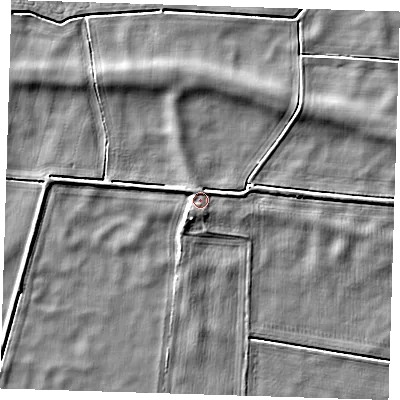 Shaded relief map of the ground around PE150DW, computed from Environment Agency LiDAR. The ground here sits at about 1 m above sea level and falls 5 m across the surrounding 800 m. Surface water reaching this point runs off ground lying to the north-north-west, 1.5 m higher.