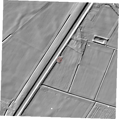 Shaded relief map of the ground around PE150DX, computed from Environment Agency LiDAR. The ground here sits at about 1 m above sea level and falls 6 m across the surrounding 800 m. Surface water reaching this point runs off ground lying to the north-north-west, 1.7 m higher.