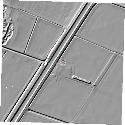 Shaded relief map of the ground around PE150DY, computed from Environment Agency LiDAR. The ground here sits at about -1 m above sea level and falls 5 m across the surrounding 800 m. Surface water reaching this point runs off ground lying to the south-east, 3.3 m higher.