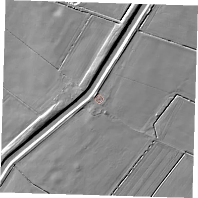 Shaded relief map of the ground around PE150DZ, computed from Environment Agency LiDAR. The ground here sits at about 3 m above sea level and falls 6 m across the surrounding 800 m. Surface water reaching this point runs off ground lying to the north-west, 2.2 m higher.