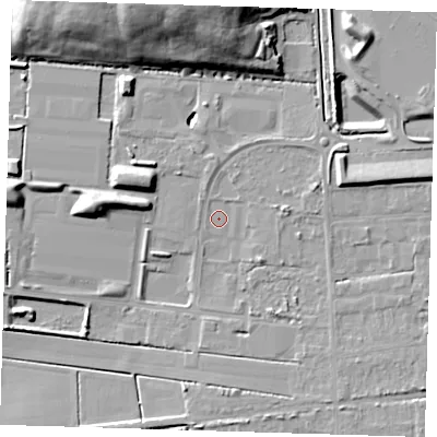 Shaded relief map of the ground around PE150EN, computed from Environment Agency LiDAR. The ground here sits at about 2 m above sea level and falls 21 m across the surrounding 800 m. Surface water reaching this point runs off ground lying to the east-north-east, 1.1 m higher.