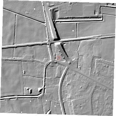 Shaded relief map of the ground around PE150ER, computed from Environment Agency LiDAR. The ground here sits at about 1 m above sea level and falls 10 m across the surrounding 800 m. Surface water reaching this point runs off ground lying to the north-north-east, 6.7 m higher.