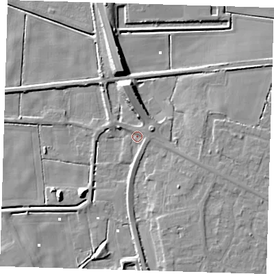 Shaded relief map of the ground around PE150ES, computed from Environment Agency LiDAR. The ground here sits at about 1 m above sea level and falls 10 m across the surrounding 800 m. Surface water reaching this point runs off ground lying to the north-north-west, 5.6 m higher.