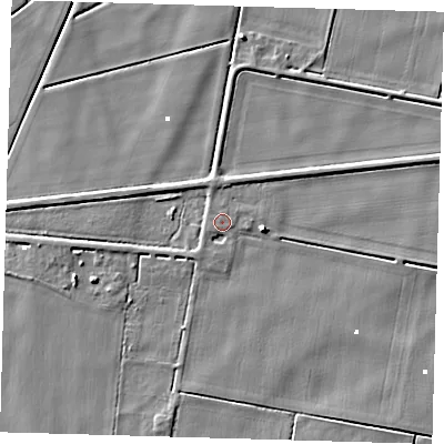 Shaded relief map of the ground around PE150EW, computed from Environment Agency LiDAR. The ground here sits at about 0 m above sea level and falls 5 m across the surrounding 800 m. Surface water reaching this point runs off ground lying to the south-west, 1.3 m higher.