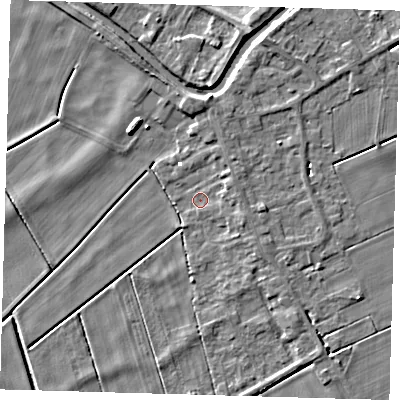 Shaded relief map of the ground around PE150EX, computed from Environment Agency LiDAR. The ground here sits at about -0 m above sea level and falls 5 m across the surrounding 800 m. Surface water reaching this point runs off ground lying to the east, 2.2 m higher.