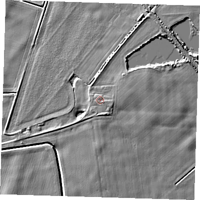 Shaded relief map of the ground around PE150FD, computed from Environment Agency LiDAR. The ground here sits at about 5 m above sea level and falls 8 m across the surrounding 800 m. Surface water reaching this point runs off ground lying to the south-east, 1.4 m higher.