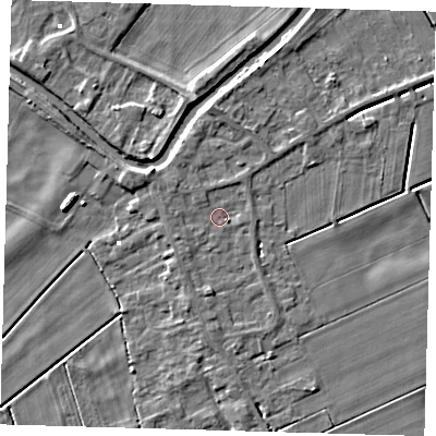 Shaded relief map of the ground around PE150FF, computed from Environment Agency LiDAR. The ground here sits at about 1 m above sea level and falls 5 m across the surrounding 800 m. Surface water reaching this point runs off ground lying to the west-north-west, 1.4 m higher.
