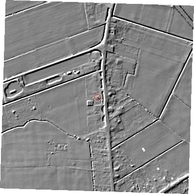 Shaded relief map of the ground around PE150FP, computed from Environment Agency LiDAR. The ground here sits at about 0 m above sea level and falls 6 m across the surrounding 800 m. Surface water reaching this point runs off ground lying to the south-west, 3.9 m higher.