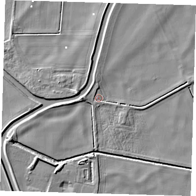 Shaded relief map of the ground around PE150FQ, computed from Environment Agency LiDAR. The ground here sits at about 0 m above sea level and falls 6 m across the surrounding 800 m. Surface water reaching this point runs off ground lying to the west, 3.6 m higher.
