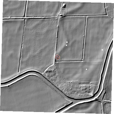 Shaded relief map of the ground around PE150FR, computed from Environment Agency LiDAR. The ground here sits at about 0 m above sea level and falls 5 m across the surrounding 800 m. Surface water reaching this point runs off ground lying to the south-west, 1.1 m higher.