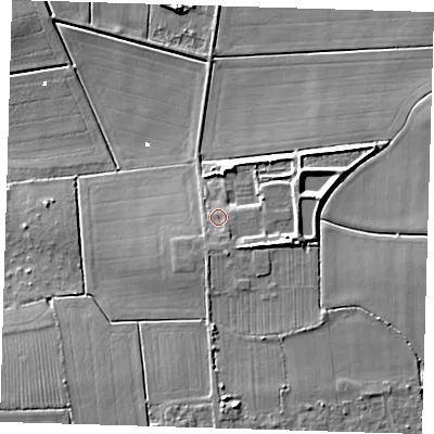 Shaded relief map of the ground around PE150FS, computed from Environment Agency LiDAR. The ground here sits at about 5 m above sea level and falls 11 m across the surrounding 800 m. Surface water reaching this point runs off ground lying to the south-east, 3.9 m higher.
