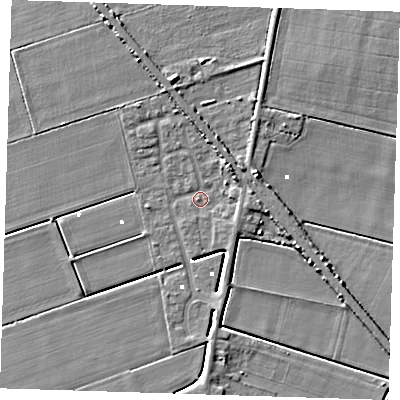 Shaded relief map of the ground around PE150GA, computed from Environment Agency LiDAR. The ground here sits at about 1 m above sea level and falls 6 m across the surrounding 800 m. Surface water reaching this point runs off ground lying to the north-east, 3.3 m higher.