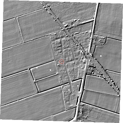 Shaded relief map of the ground around PE150GD, computed from Environment Agency LiDAR. The ground here sits at about 0 m above sea level and falls 6 m across the surrounding 800 m. Surface water reaching this point runs off ground lying to the north-north-west, 0.6 m higher.