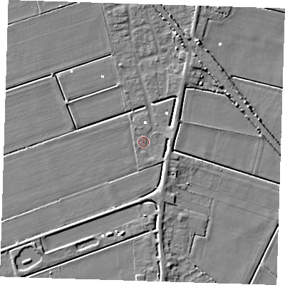 Shaded relief map of the ground around PE150GF, computed from Environment Agency LiDAR. The ground here sits at about -0 m above sea level and falls 6 m across the surrounding 800 m. Surface water reaching this point runs off ground lying to the north-north-east, 5.3 m higher.
