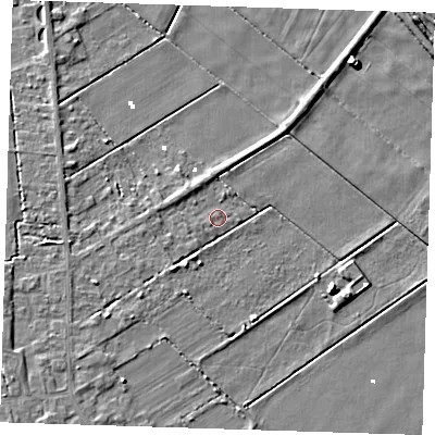 Shaded relief map of the ground around PE150GR, computed from Environment Agency LiDAR. The ground here sits at about 1 m above sea level and falls 7 m across the surrounding 800 m. Surface water reaching this point runs off ground lying to the south-west, 3.8 m higher.