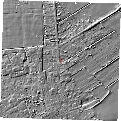Shaded relief map of the ground around PE150HA, computed from Environment Agency LiDAR. The ground here sits at about 3 m above sea level and falls 9 m across the surrounding 800 m. Surface water reaching this point runs off ground lying to the south-west, 1.7 m higher.
